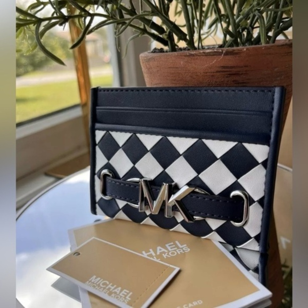 Michael Kors Reed Large MK Logo Credit Card Holder Wallet Navy Blue NWT